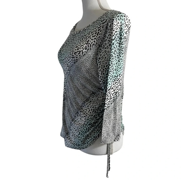 Ruby Rd Blouse Petites Medium Rhinestone Bling Neckline Ruched Side Leopard Top - Picture 3 of 10
